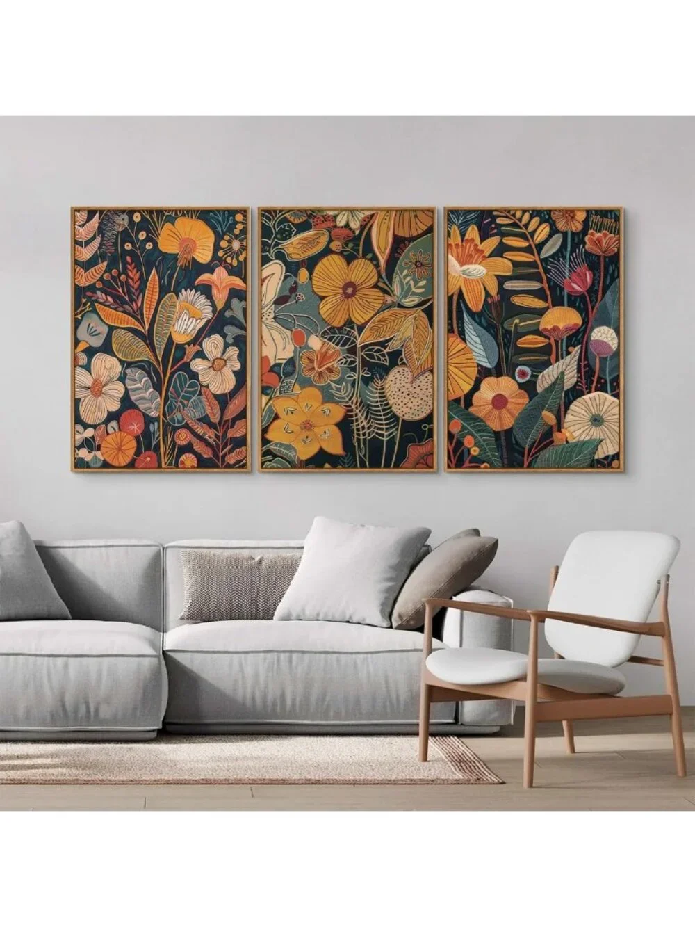 Set of 3 Orange Floral Canvas Wall Art - Mid Century Modern Boho Decor, 16x24